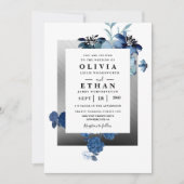 Navy Blue en Silver Elegant Ivory Floral Wedding Kaart (Voorkant)