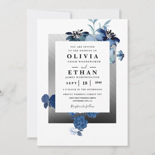 Navy Blue en Silver Elegant Ivory Floral Wedding Kaart (Voorkant)