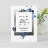 Navy Blue en Silver Elegant Ivory Floral Wedding Kaart (Staand voorkant)