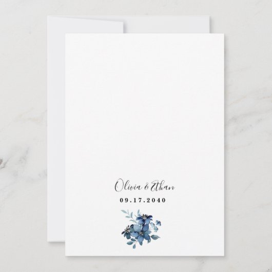 Navy Blue en Silver Elegant Ivory Floral Wedding Kaart (Achterkant)