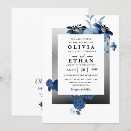 Navy Blue en Silver Elegant Ivory Floral Wedding Kaart