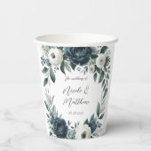 Navy Blue en Silver Elegant Ivory Floral Wedding Papieren Bekers (Achterkant)