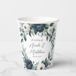 Navy Blue en Silver Elegant Ivory Floral Wedding Papieren Bekers
