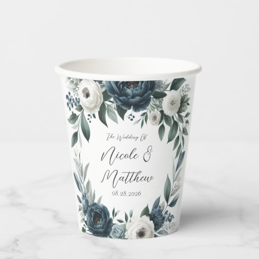 Navy Blue en Silver Elegant Ivory Floral Wedding Papieren Bekers (Voorkant)
