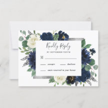 Navy Blue en Silver Elegant Ivory Floral Wedding