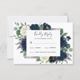 Navy Blue en Silver Elegant Ivory Floral Wedding RSVP Kaartje