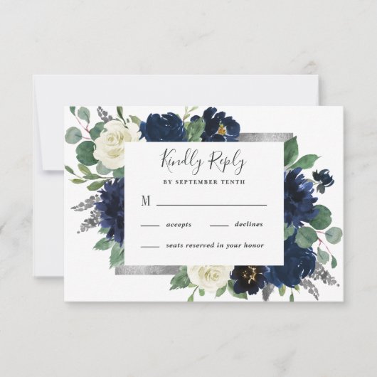 Navy Blue en Silver Elegant Ivory Floral Wedding RSVP Kaartje (Voorkant)