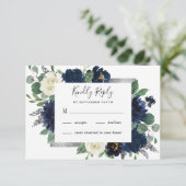Navy Blue en Silver Elegant Ivory Floral Wedding RSVP Kaartje (Staand voorkant)