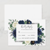 Navy Blue en Silver Elegant Ivory Floral Wedding RSVP Kaartje (Voorkant / Achterkant)