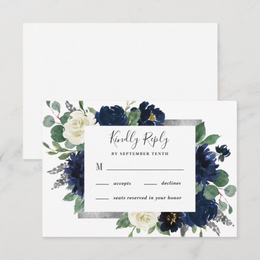 Navy Blue en Silver Elegant Ivory Floral Wedding RSVP Kaartje (Voorkant / Achterkant)