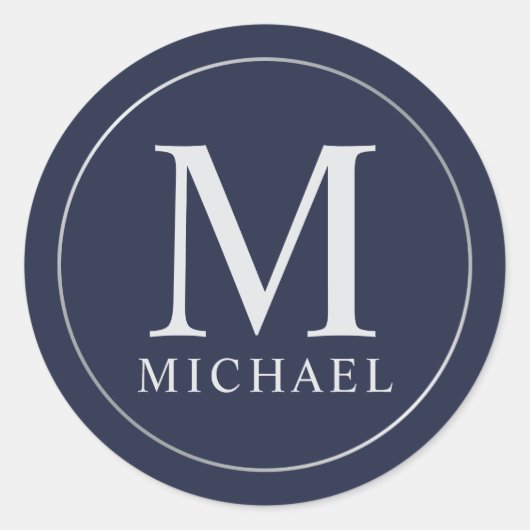 Navy Blue en Silver Elegant Monogram Ronde Sticker (Voorkant)