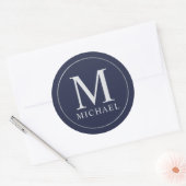 Navy Blue en Silver Elegant Monogram Ronde Sticker (Envelop)