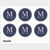 Navy Blue en Silver Elegant Monogram Ronde Sticker (Vel)