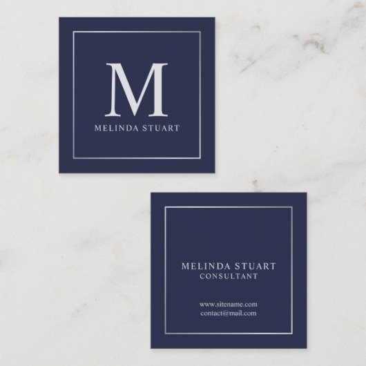 Navy Blue en Silver Elegant Monogram Vierkante Visitekaartje (Voorkant / Achterkant)