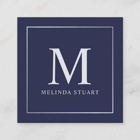 Navy Blue en Silver Elegant Monogram Vierkante Visitekaartje (Voorkant)