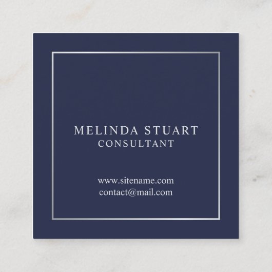 Navy Blue en Silver Elegant Monogram Vierkante Visitekaartje (Achterkant)