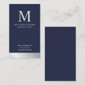 Navy Blue en Silver Elegant Monogram Visitekaartje (Voorkant / Achterkant)