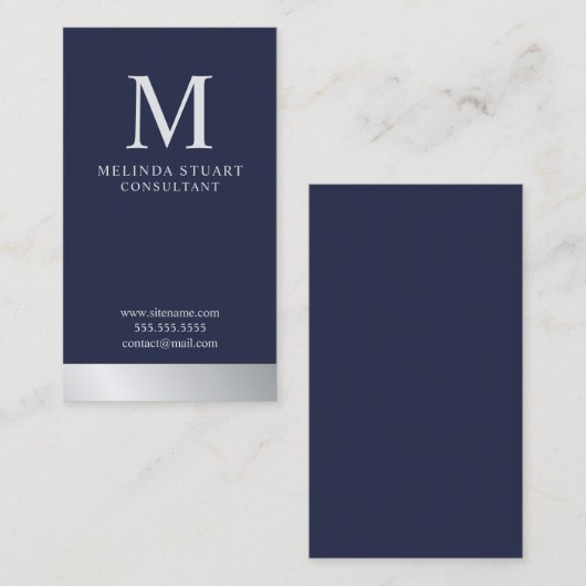 Navy Blue en Silver Elegant Monogram Visitekaartje (Voorkant / Achterkant)
