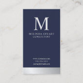 Navy Blue en Silver Elegant Monogram Visitekaartje (Voorkant)