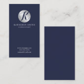 Navy Blue en Silver Elegant Monogram Visitekaartje (Voorkant / Achterkant)