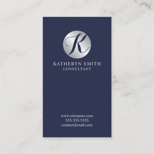 Navy Blue en Silver Elegant Monogram Visitekaartje (Voorkant)