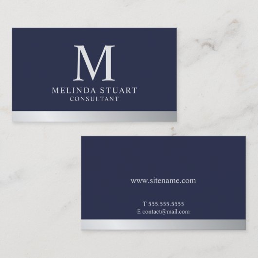 Navy Blue en Silver Elegant Monogram Visitekaartje (Voorkant / Achterkant)