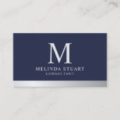Navy Blue en Silver Elegant Monogram Visitekaartje (Voorkant)
