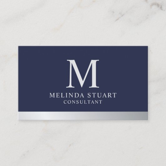 Navy Blue en Silver Elegant Monogram Visitekaartje (Voorkant)