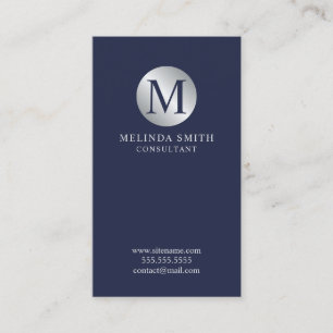 Navy Blue en Silver Elegant Monogram Visitekaartje