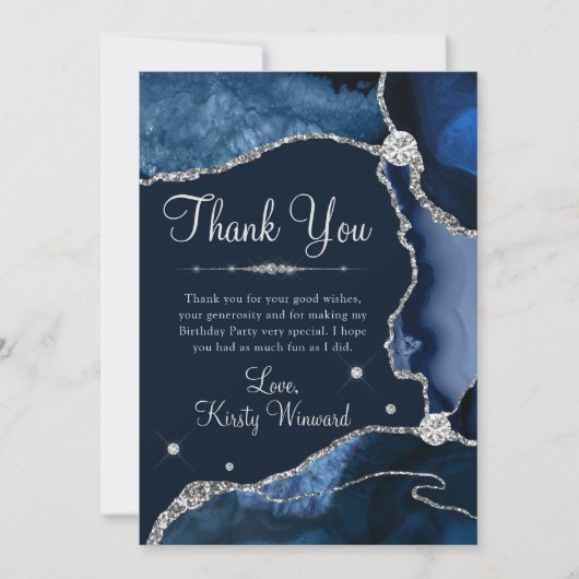 Navy Blue en Silver Faux Glitter Agate Birthday Bedankkaart (Voorkant)