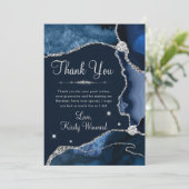 Navy Blue en Silver Faux Glitter Agate Birthday Bedankkaart (Staand voorkant)