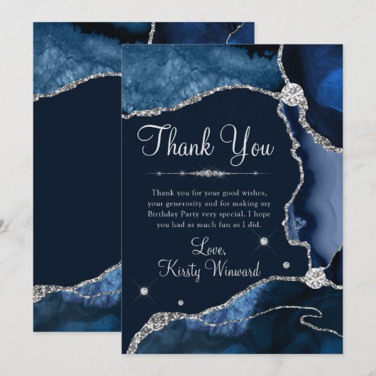 Navy Blue en Silver Faux Glitter Agate Birthday Bedankkaart (Voorkant / Achterkant)