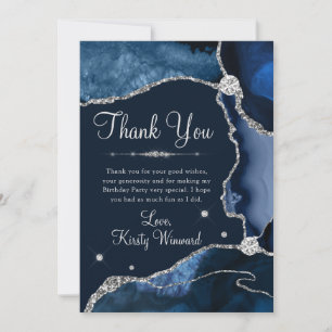 Navy Blue en Silver Faux Glitter Agate Birthday Bedankkaart