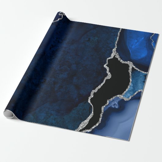 Navy Blue en Silver Faux Glitter Agate Cadeaupapier (Uitgerold)
