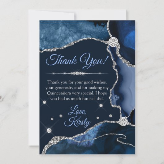 Navy Blue en Silver Faux Glitter Agate Quinceañera Bedankkaart (Voorkant)