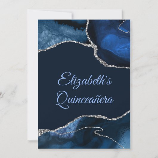 Navy Blue en Silver Faux Glitter Agate Quinceañera Bedankkaart (Achterkant)