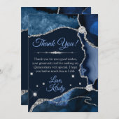 Navy Blue en Silver Faux Glitter Agate Quinceañera Bedankkaart (Voorkant / Achterkant)