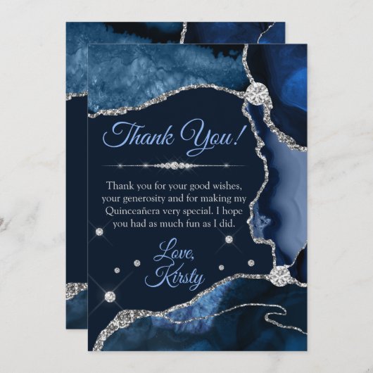 Navy Blue en Silver Faux Glitter Agate Quinceañera Bedankkaart (Voorkant / Achterkant)