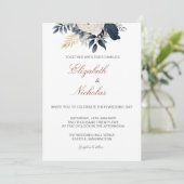 Navy Blue en Silver Floral bruiloft uitnodiging (Staand voorkant)