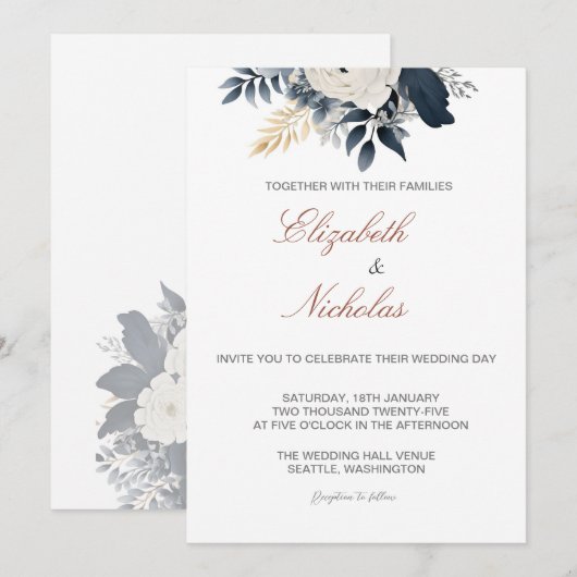 Navy Blue en Silver Floral bruiloft uitnodiging (Voorkant / Achterkant)