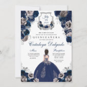 Navy Blue en Silver Floral Elegant Quinceañera Kaart (Voorkant)