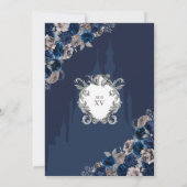 Navy Blue en Silver Floral Elegant Quinceañera Kaart (Achterkant)