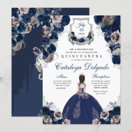 Navy Blue en Silver Floral Elegant Quinceañera Kaart