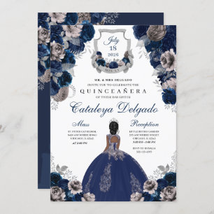 Navy Blue en Silver Floral Elegant Quinceañera Kaart