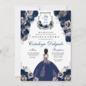 Navy Blue en Silver Floral Elegant Quinceañera Kaart (Voorkant)