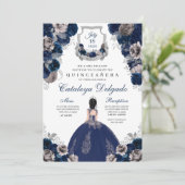 Navy Blue en Silver Floral Elegant Quinceañera Kaart (Staand voorkant)