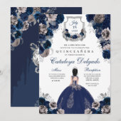 Navy Blue en Silver Floral Elegant Quinceañera Kaart (Voorkant / Achterkant)
