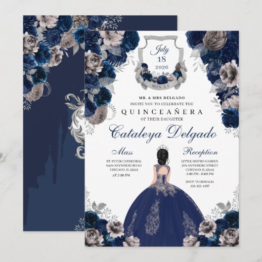 Navy Blue en Silver Floral Elegant Quinceañera Kaart (Voorkant / Achterkant)