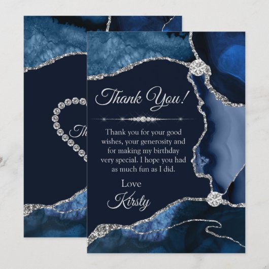 Navy Blue en Silver Glitter Agate Birthday Bedankkaart (Voorkant / Achterkant)