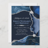 Navy Blue en Silver Glitter Agate Birthday Party Kaart (Voorkant)